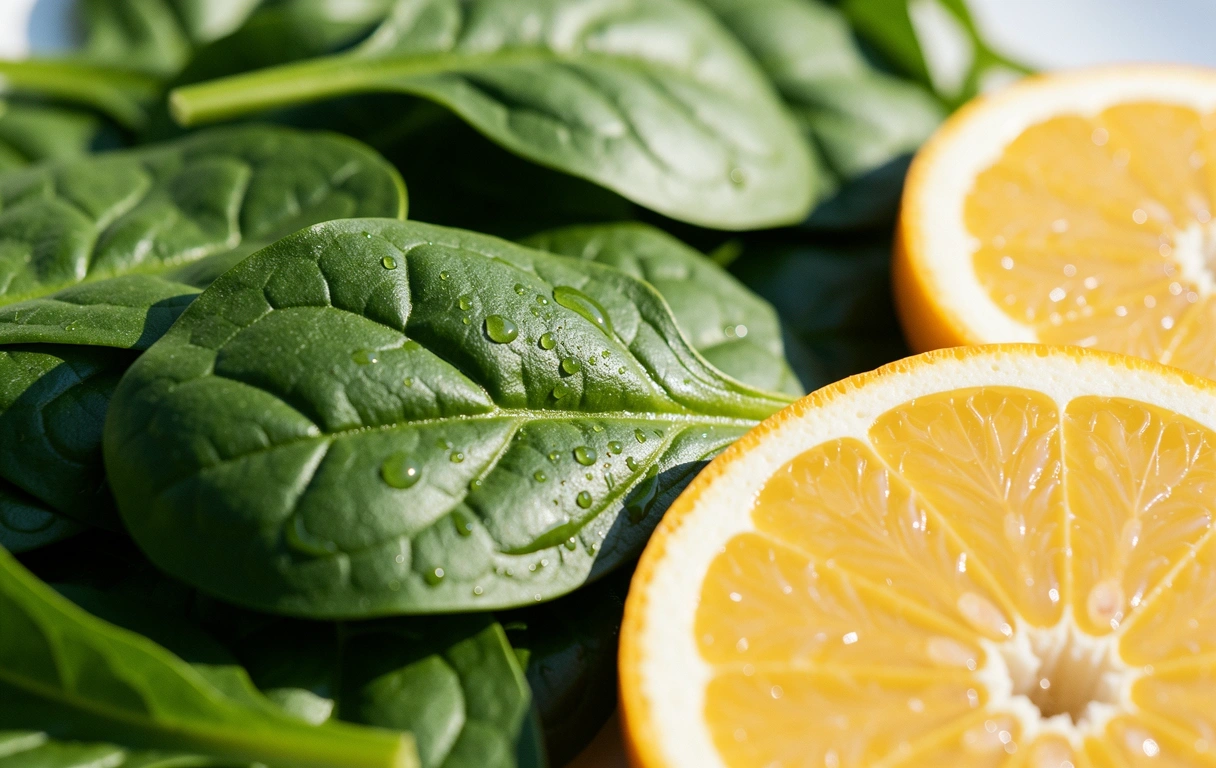 Fresh green vegetables and citrus fruits